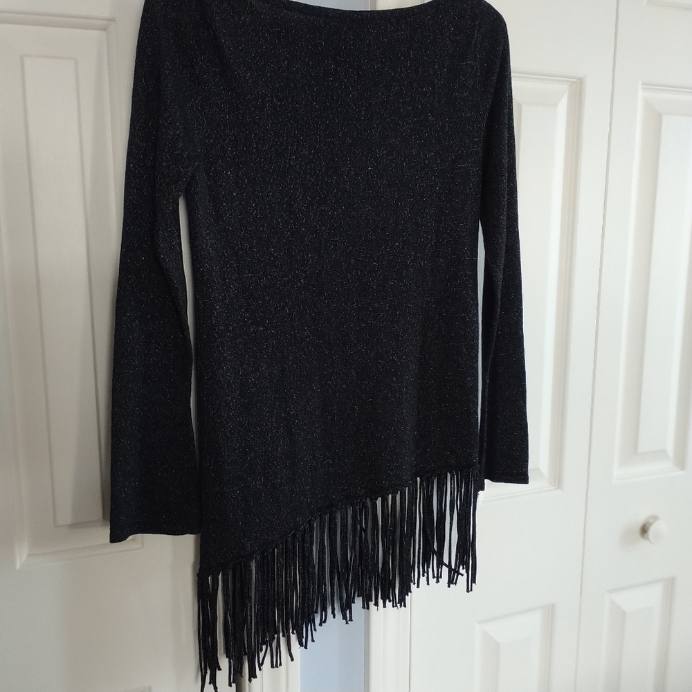 White House Black Market Metallic Fringe Hem Asymmetrical Sweater XS - Picture 11 of 12